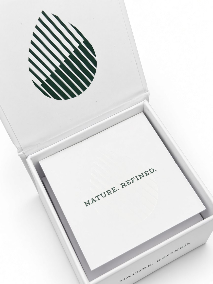 Opened Resin box with the drop motif inside the lid and the Nature. Refined. card in the tray