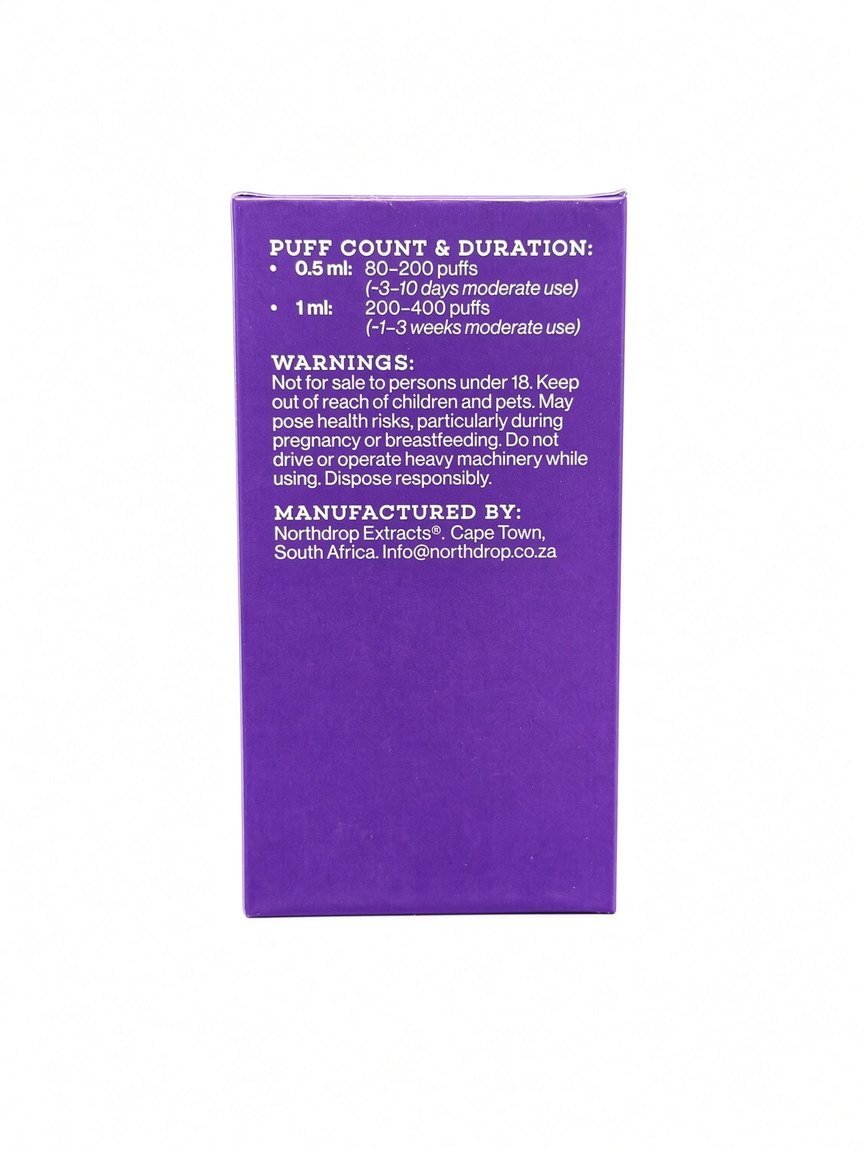 Back panel of the Distillate Cartridge box showing puff count, warnings and manufacturer details