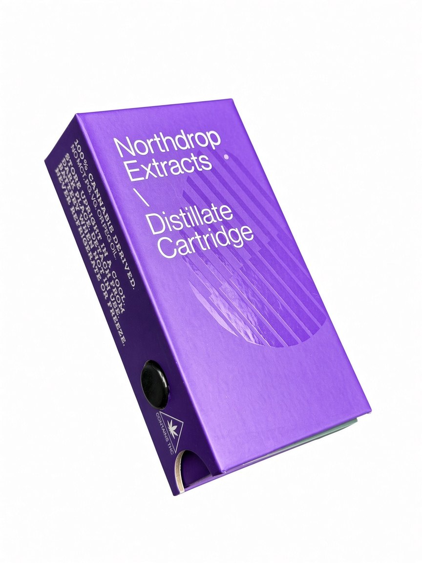 Angled view of the closed purple Distillate Cartridge box showing the wordmark and storage panel